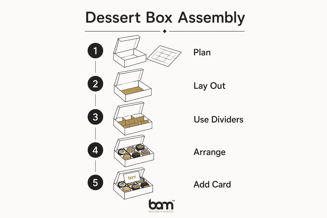 Infographie présentant les étapes d'assemblage d'une boîte à desserts