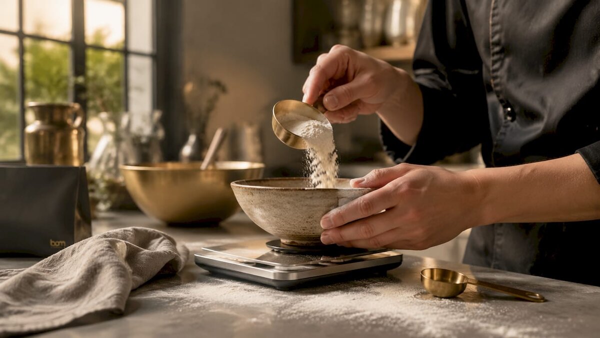 Des mains utilisant une balance de cuisine numérique pour peser de la farine