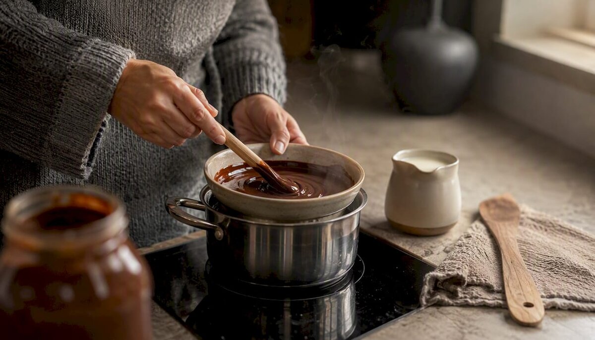 Mélanger la ganache à la crème de nougat au bain-marie