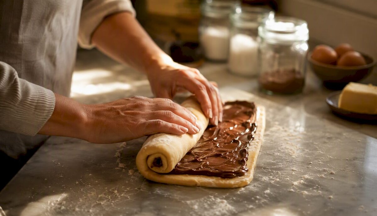 Des mains en train de pétrir une pâte à brioche fourrée à la crème de nussnougat