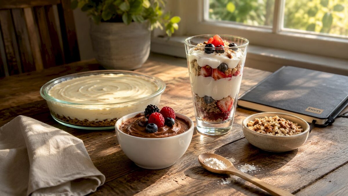 Vue aérienne d'un assortiment de desserts riches en protéines disposés sur une table en bois