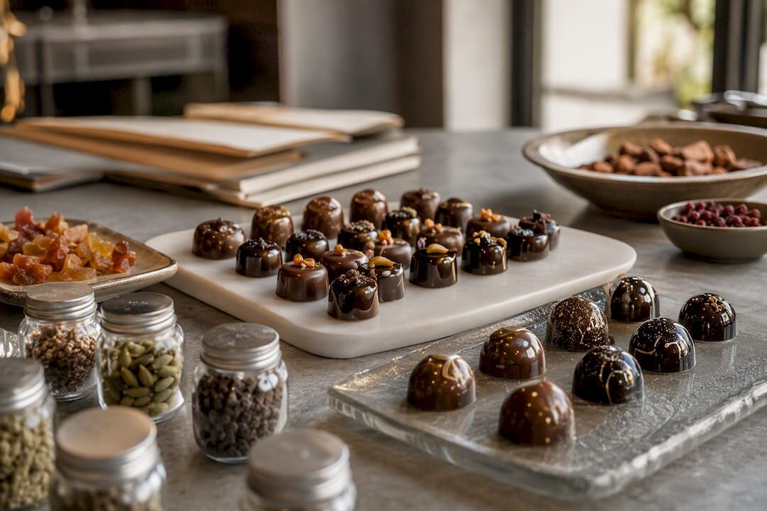 Assortiment de pralines modernes et artistiques, avec leurs ingrédients