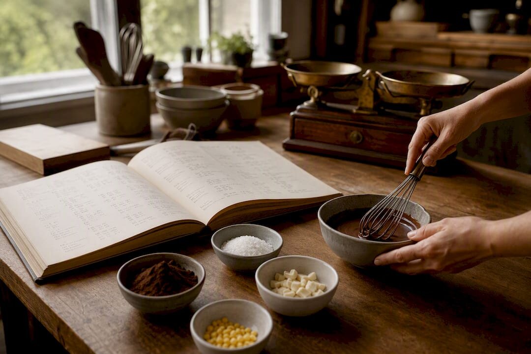 Scène représentant une recette de pâtisserie technique avec les ingrédients et un livre
