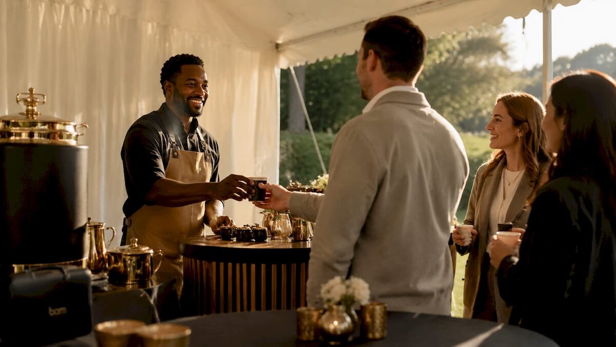 Stand mobile de chocolat en plein air assurant le service aux invités
