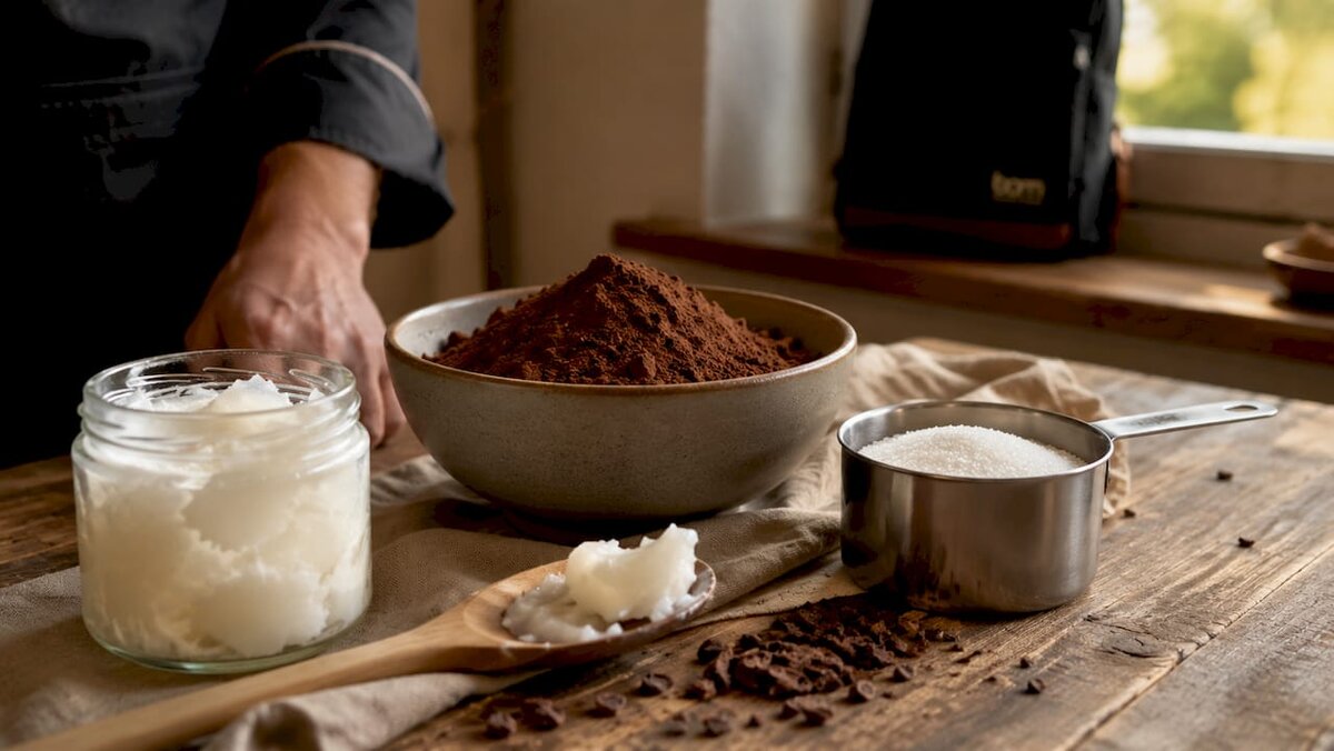Ingrédients pour le chocolat composé, sur le plan de travail de la cuisine