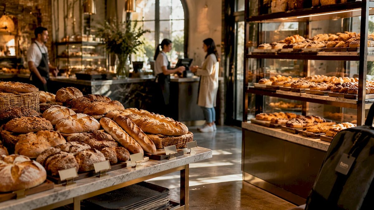 Différents types de présentoirs de boulangerie haut de gamme, côte à côte