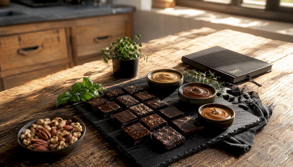Gros plan sur des carrés de chocolat noir et du beurre de noix