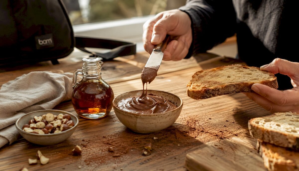 Étaler du beurre de noisettes au chocolat sur une tartine, de haut en bas