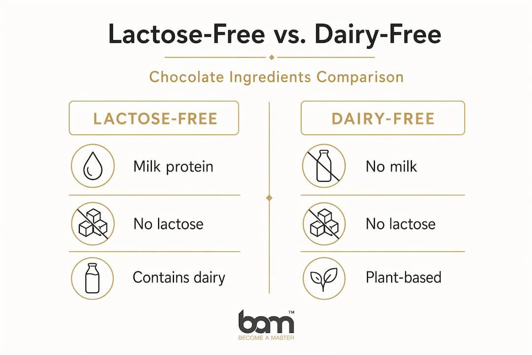 Infographie comparant les ingrédients du chocolat sans lactose et du chocolat sans produits laitiers