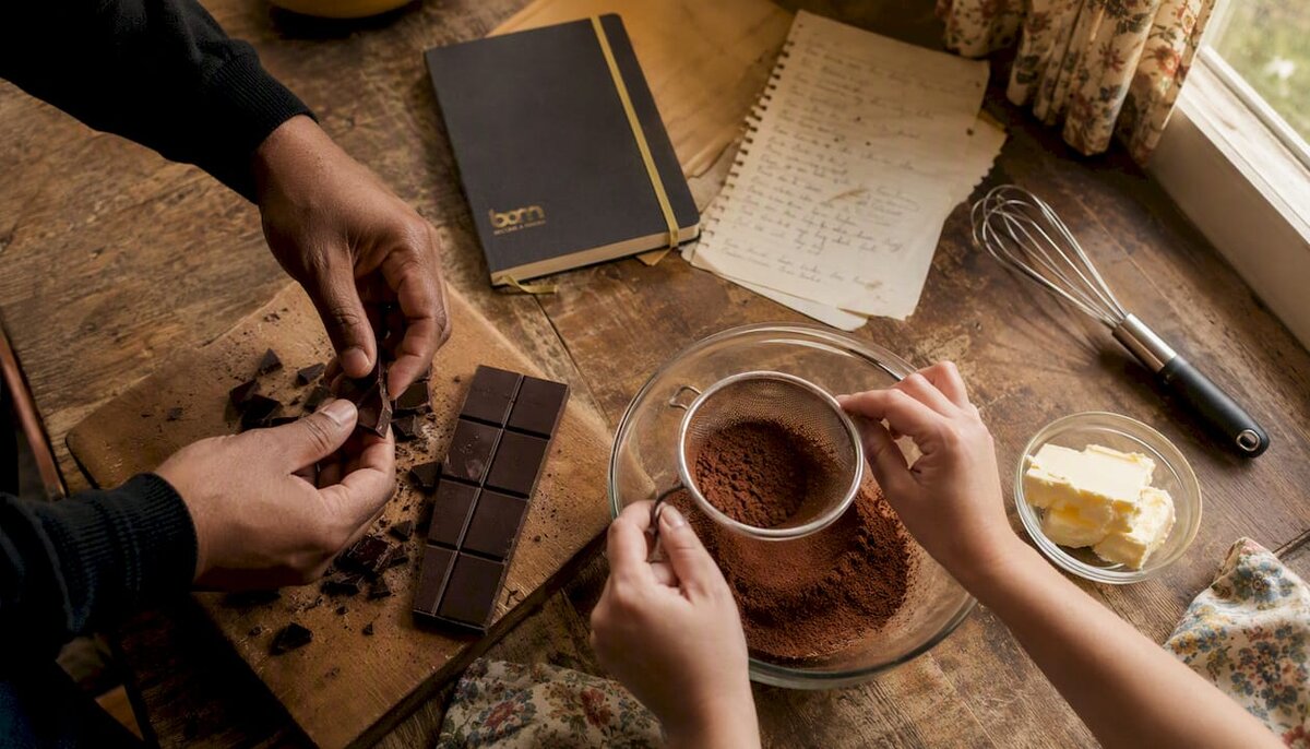 Des mains préparant les ingrédients pour une recette à base de chocolat noir