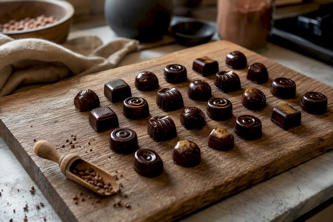 Pralines brillantes en verre trempé sur une planche en bois