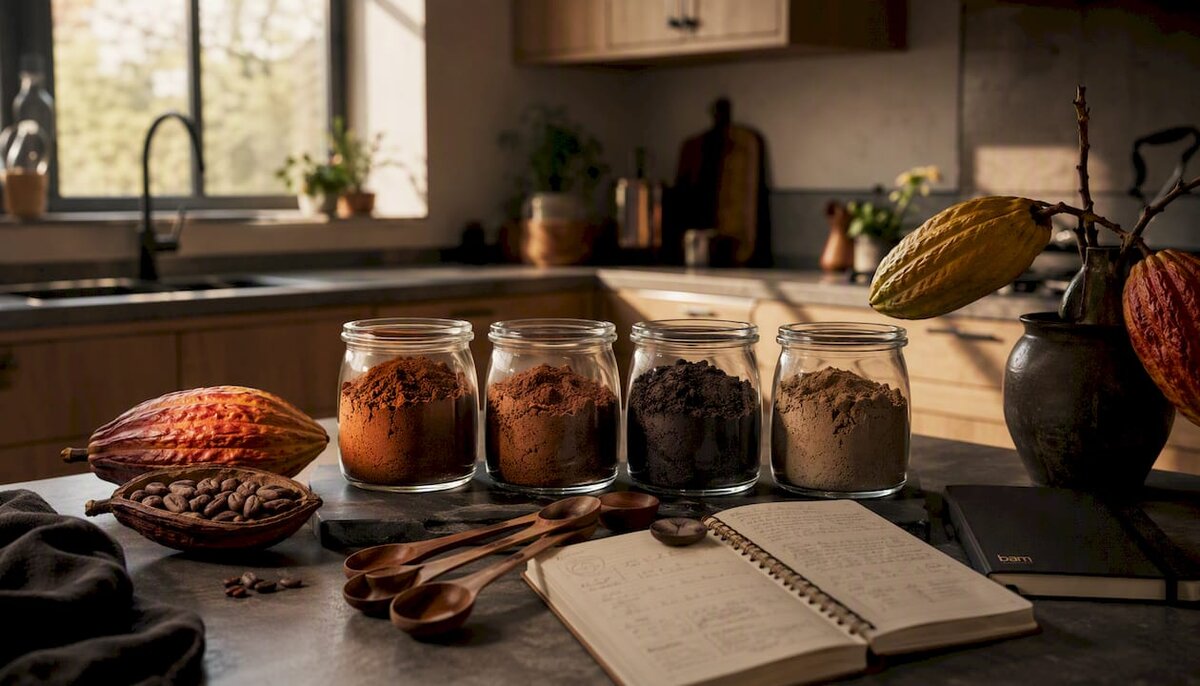 Quatre types de cacao en poudre dans des bols suspendus au-dessus de nos têtes