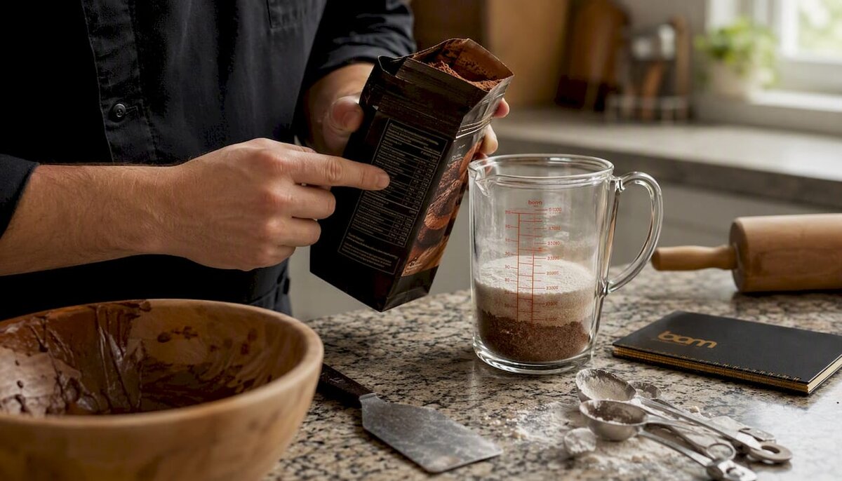 Des mains lisant l'étiquette indiquant la teneur en matières grasses de la poudre de cacao
