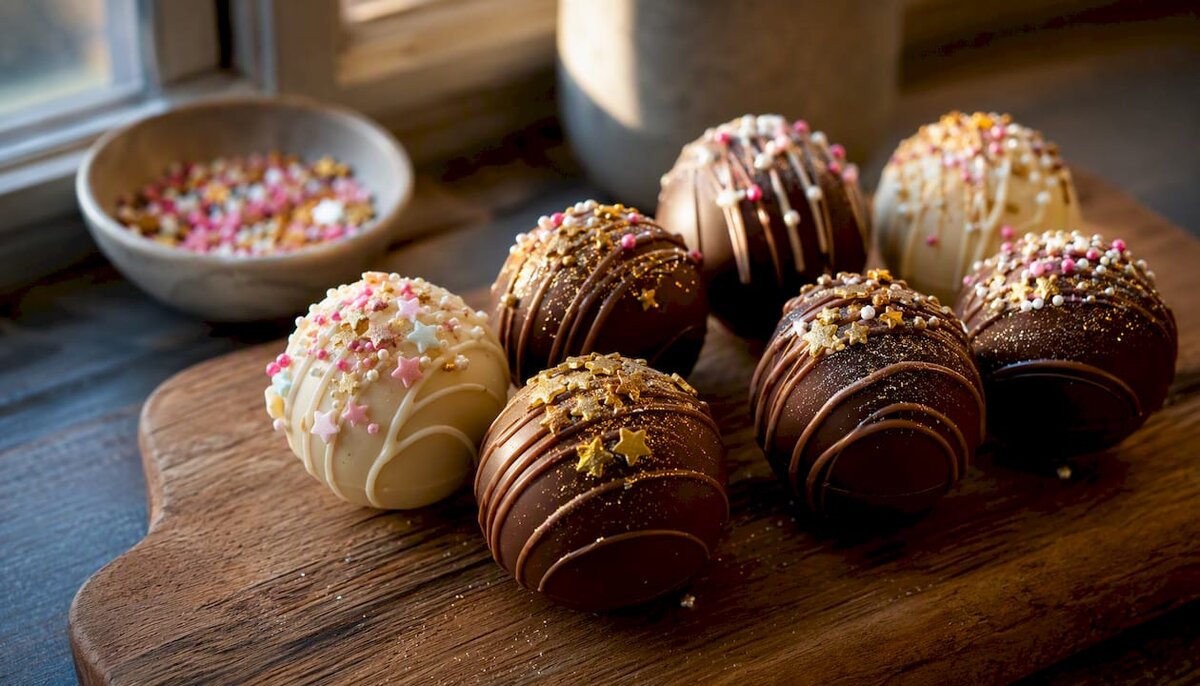Bombes de chocolat chaud décorées sur une assiette rustique