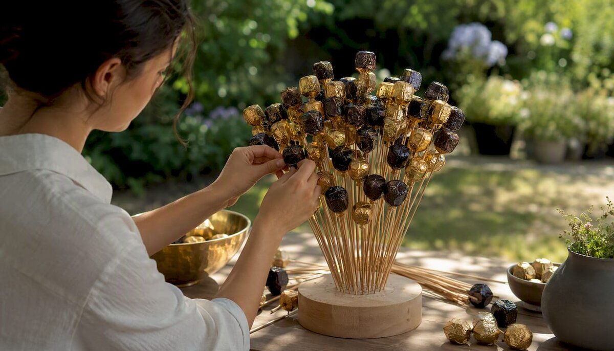 Composition manuelle d'un bouquet de chocolats sur un socle en mousse
