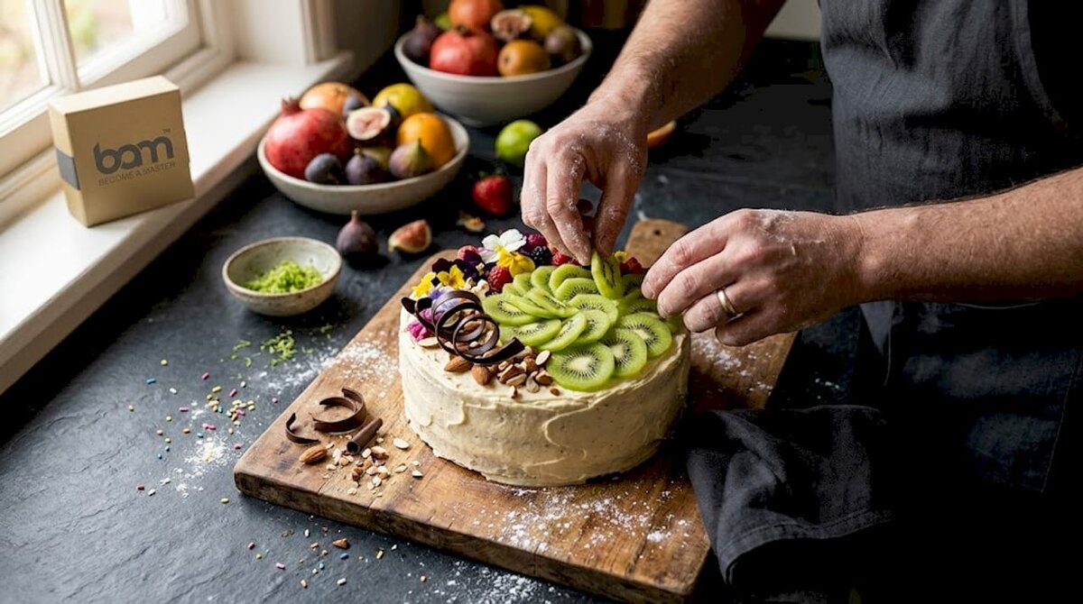 Des mains disposant des fruits et des noix sur un gâteau