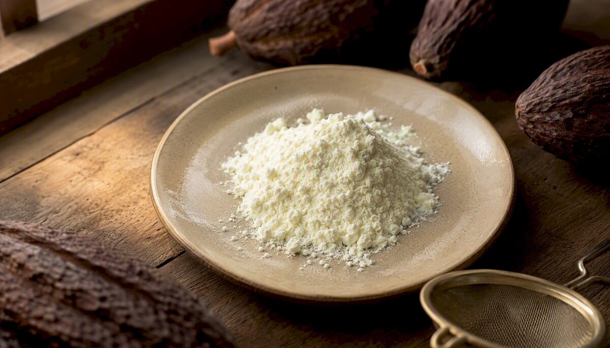 Du lait en poudre dans une assiette avec des fèves de cacao