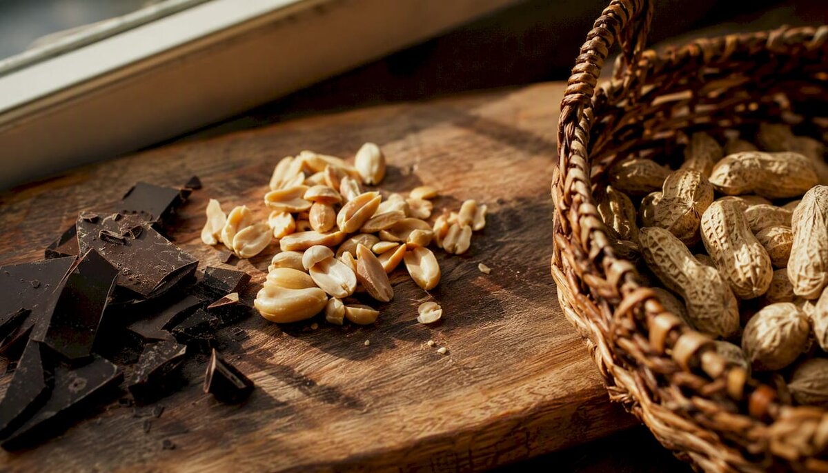Cacahuètes décortiquées et morceaux de chocolat sur une ardoise