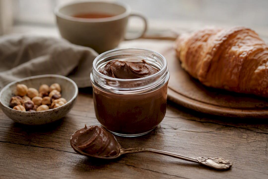 Pot de gianduja aux noisettes avec une cuillère et un croissant