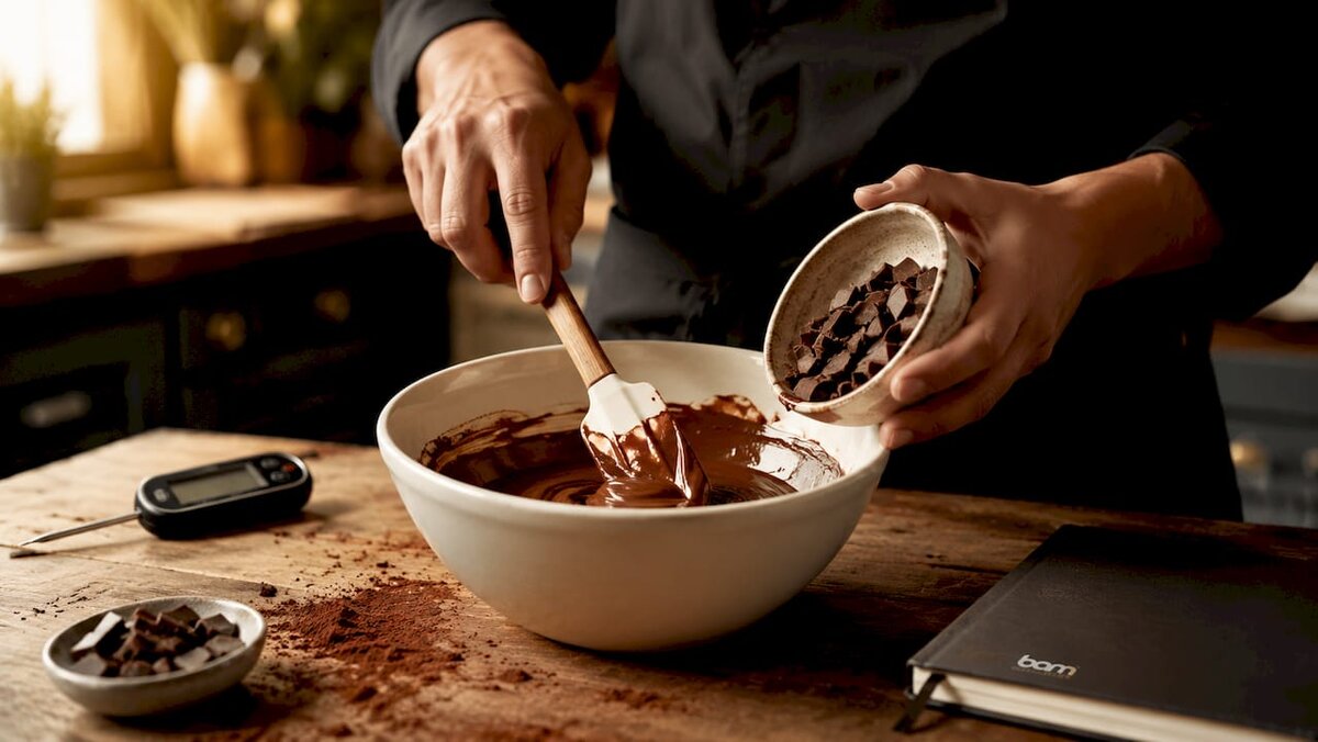 Des mains versant du chocolat fondu dans un saladier