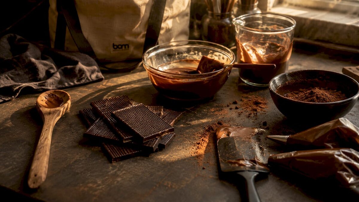 Vue aérienne des ustensiles et ingrédients nécessaires à la confection de chocolats