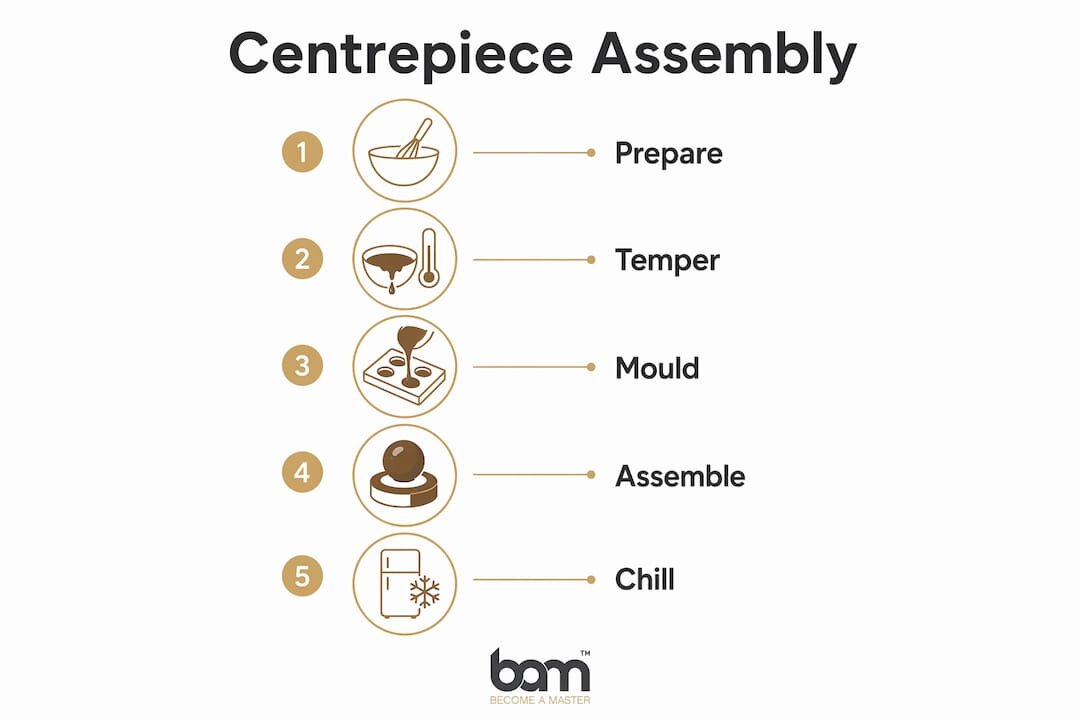 Infographie présentant les étapes de montage d'une décoration de table en chocolat