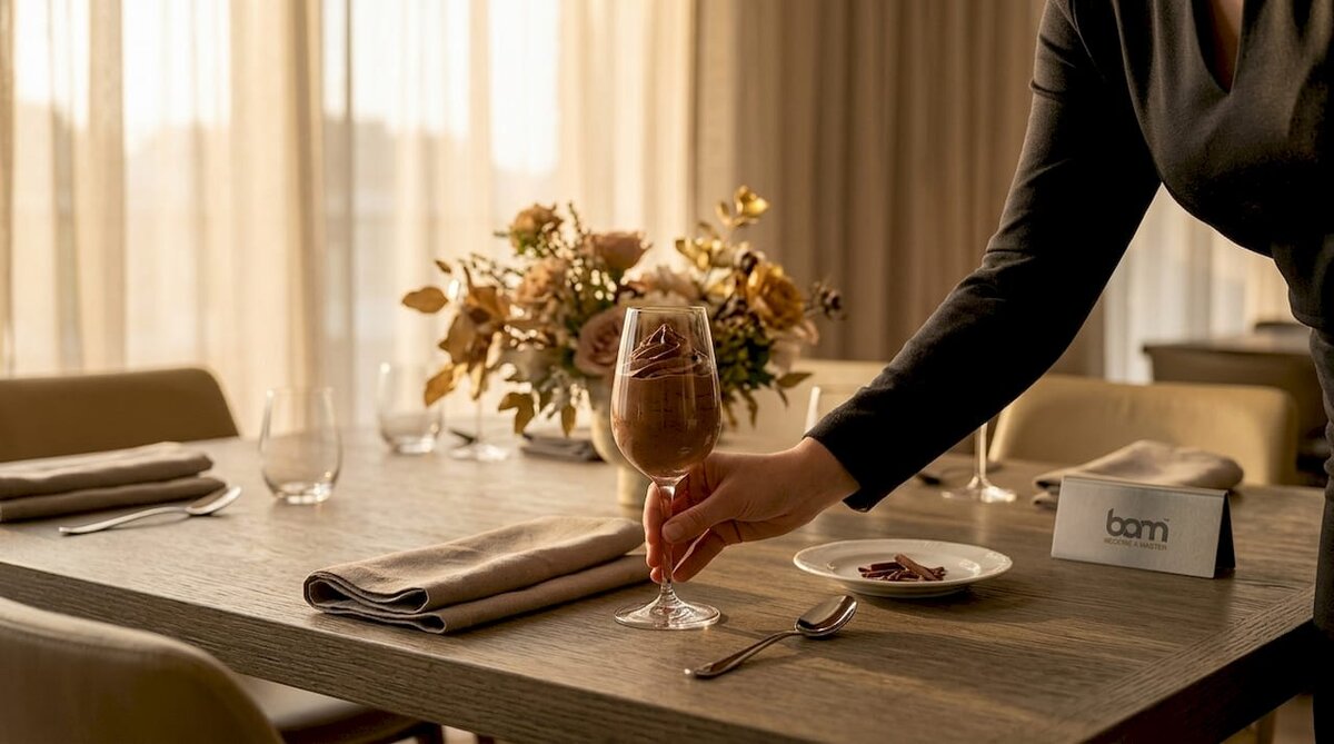 Une mousse au chocolat servie avec une décoration de table toute simple