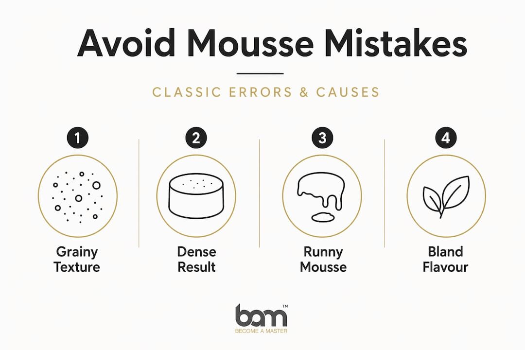 Infographie présentant quatre erreurs courantes dans la préparation de la mousse au chocolat