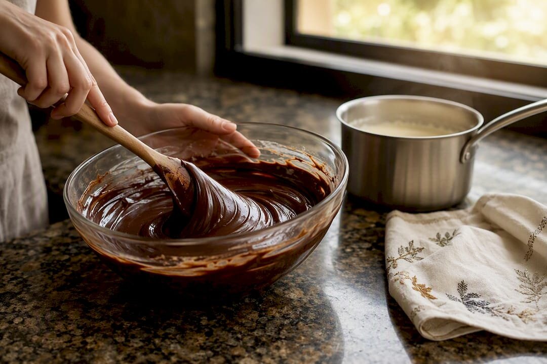 Ganache au chocolat de couverture brillante dans un bol