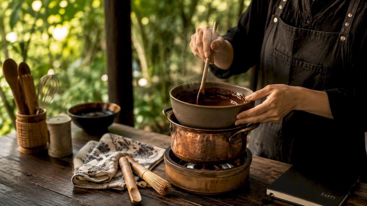 Des mains faisant fondre du chocolat au bain-marie