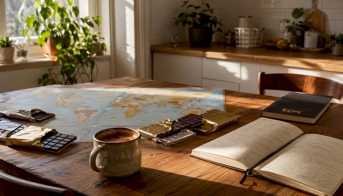 Des tablettes de chocolat et une carte des origines du cacao sur la table basse