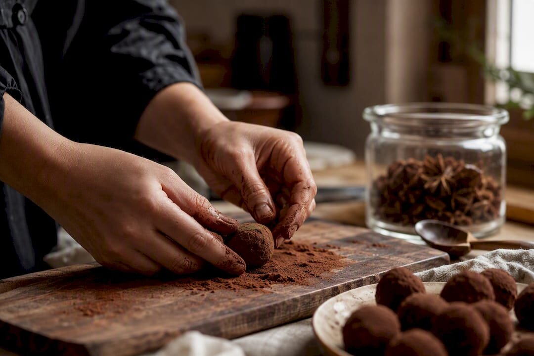 Des mains roulant une truffe dans de la poudre de cacao