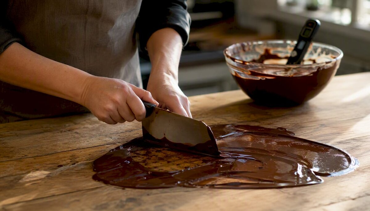 Des mains en train de tempérer du chocolat sur une plaque de marbre