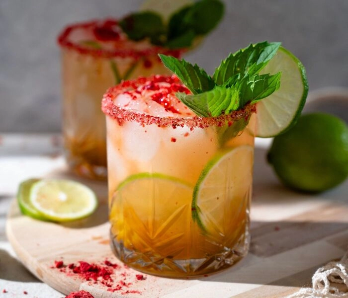 cocktail de mangue avec des fraises lyophilisées